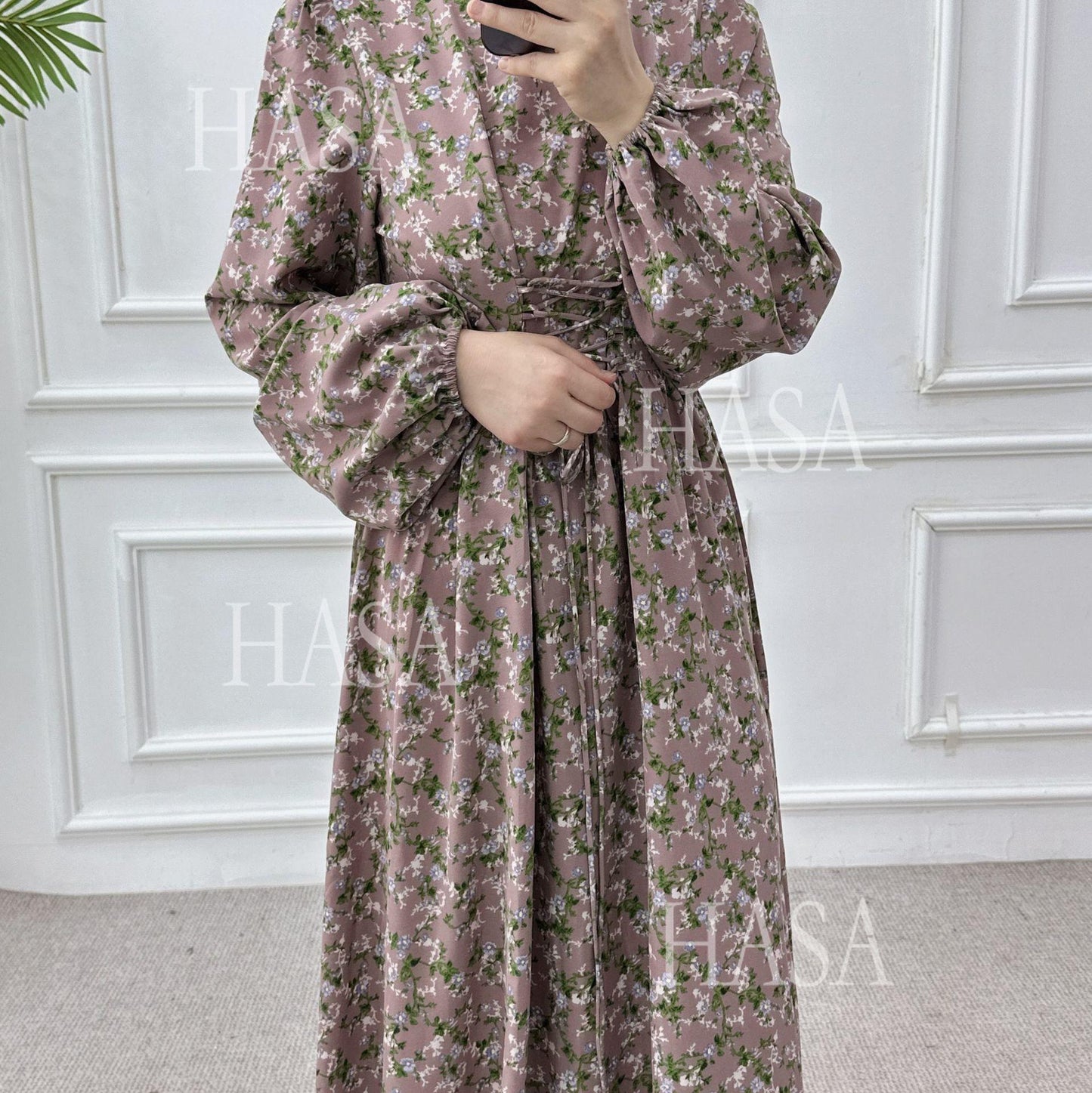 HA6489 Long-sleeved Floral Maxi Dress with Natural Waist