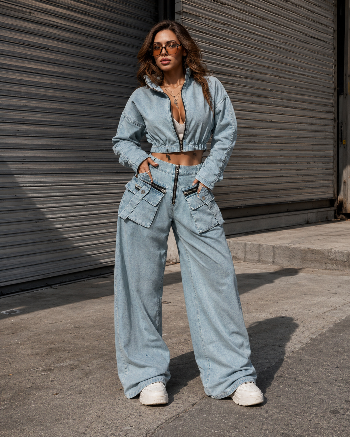 HS6306 Washed Denim Two Piece Set with Wide Leg Cargo Pants