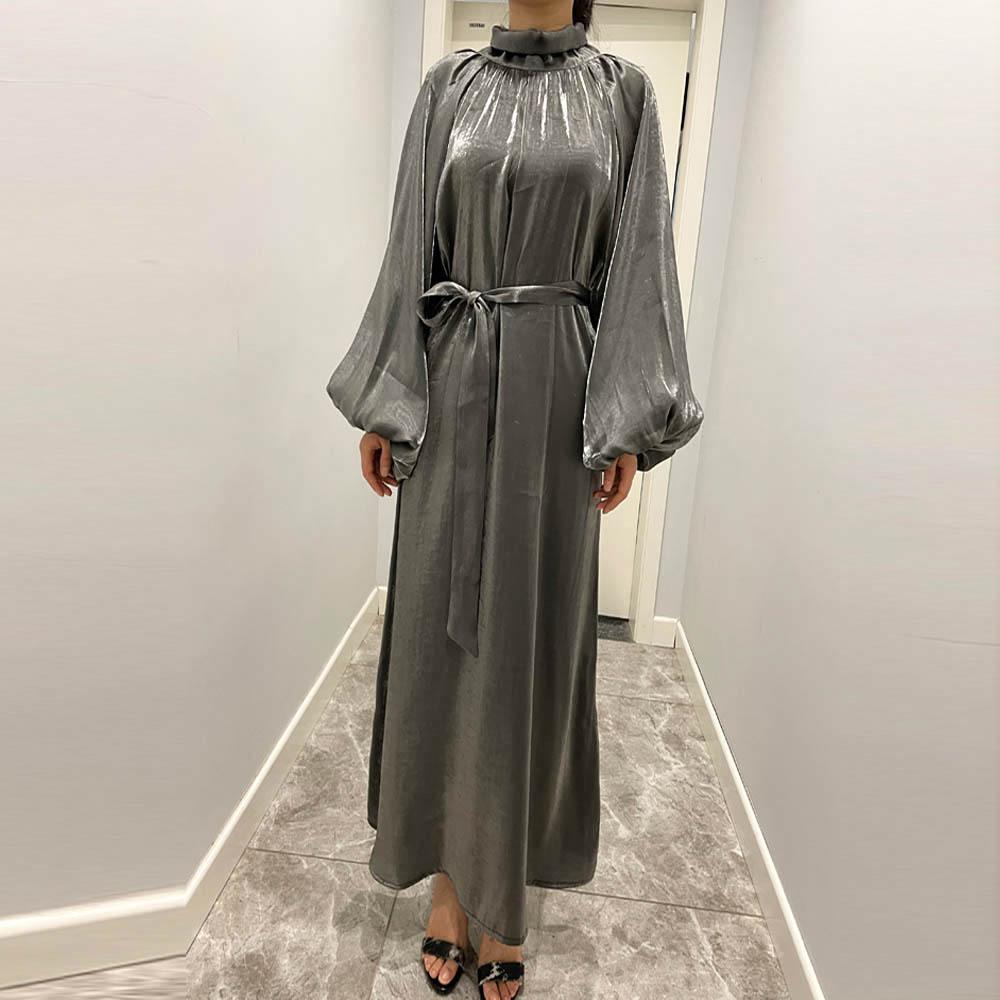 HAYA10043 HAYA  Large Lantern Sleeves Long Bright Silk Dress Stand Up Collar Back Tie Women's Dress Abaya