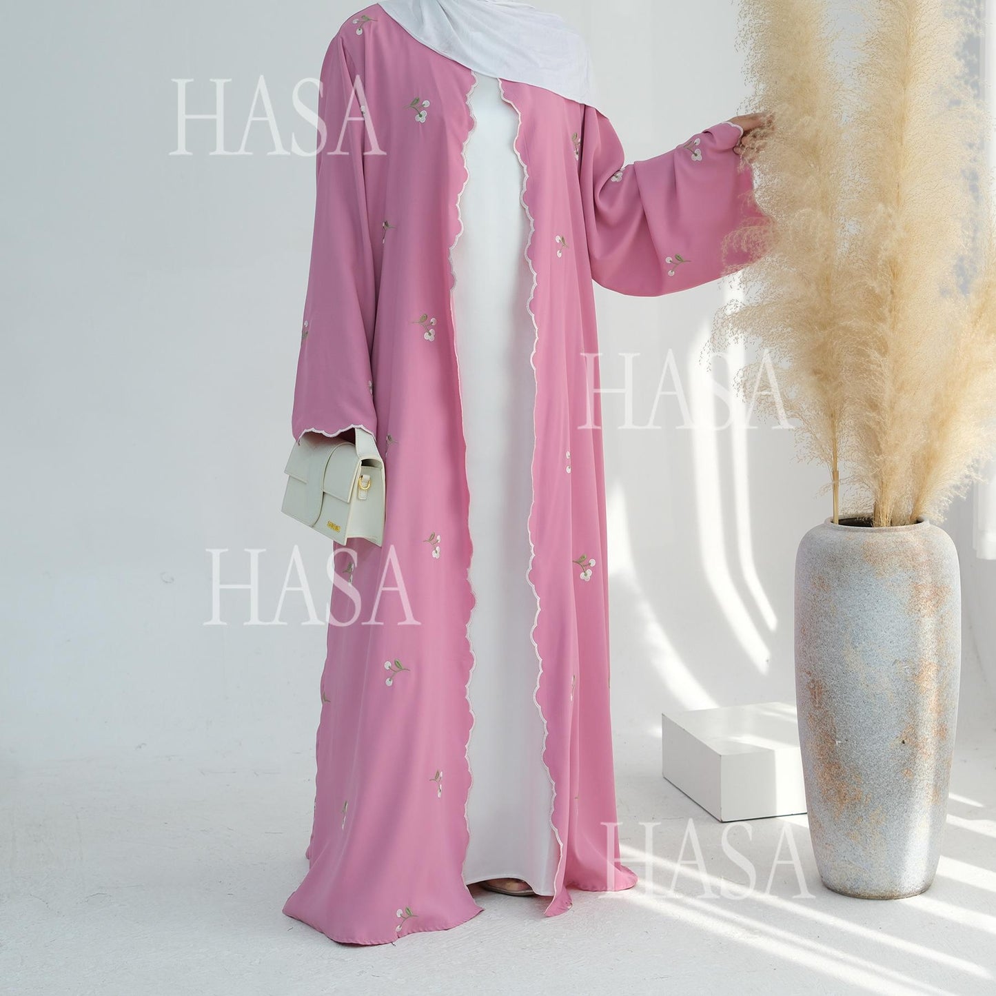 HA6472 Longline Cardigan with Delicate Floral Details and Curved Edging