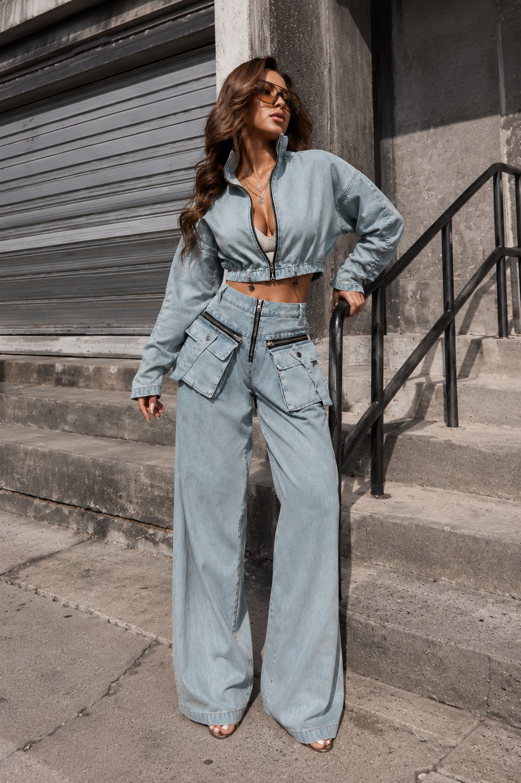 HS6306 Washed Denim Two Piece Set with Wide Leg Cargo Pants