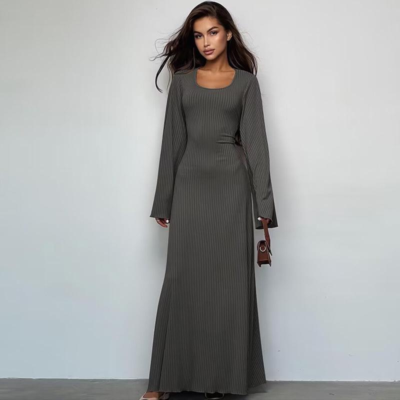 HAYA HAYA0676 Flared Long Sleeved High Waist Maxi Skirt with Lace-up Back