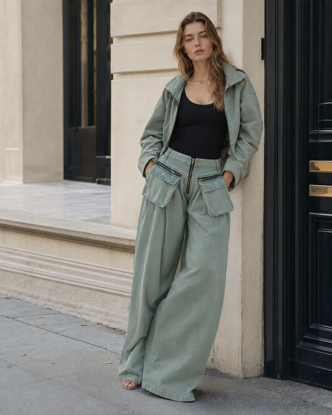 HS6306 Washed Denim Two Piece Set with Wide Leg Cargo Pants
