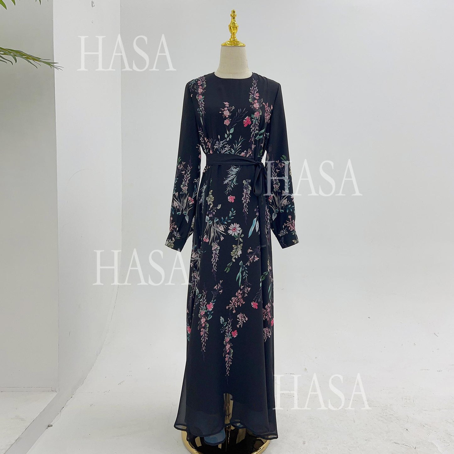 HA6531 Chiffon Printed Ankle-Length Maxi Dress with Long Sleeves