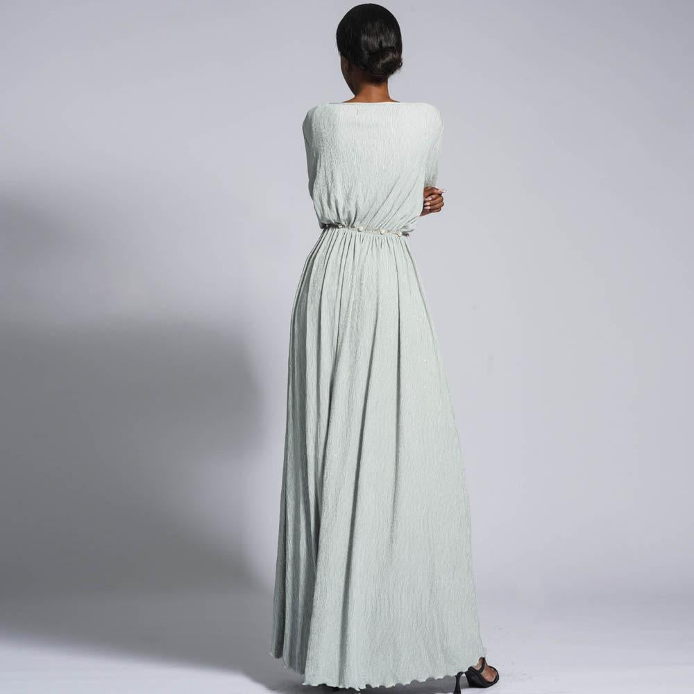 HAYA0434 Muslim Ladies Stretch Crumpled Sprinkle Gold Dress Solid Color Bell Sleeve Long Dress