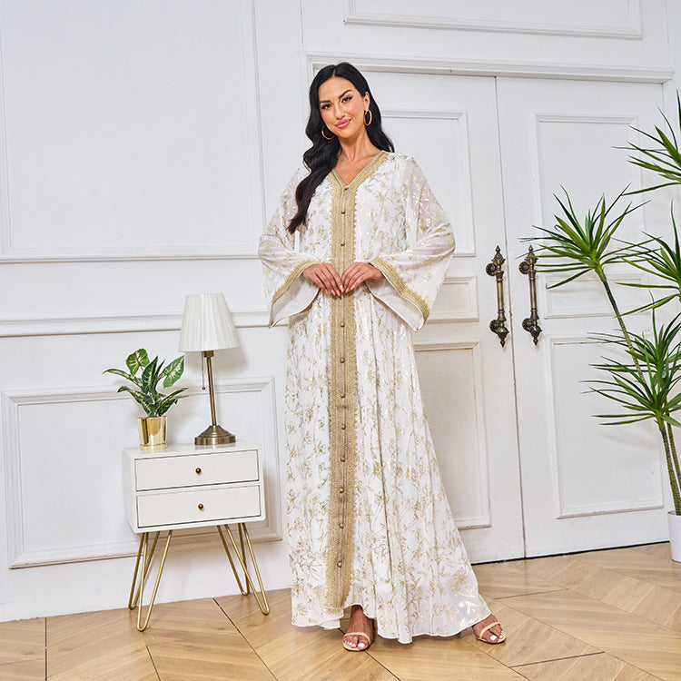 HA1249 Elegant Floral Abaya with Golden Detailing