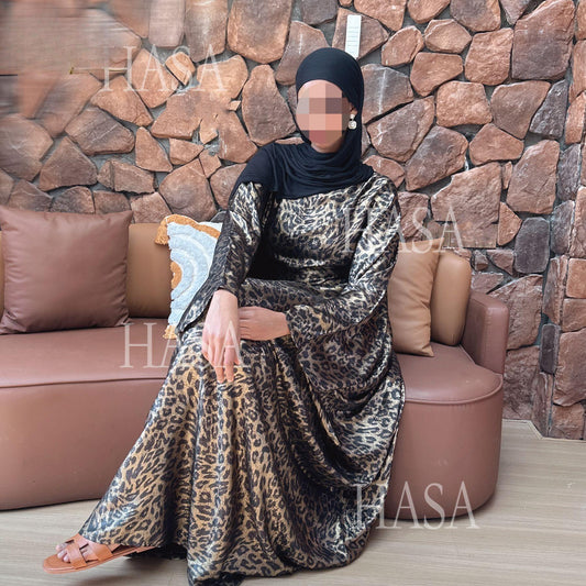 HA6469 Flowing Batwing Sleeve Leopard Maxi Dress (without Headscarf)
