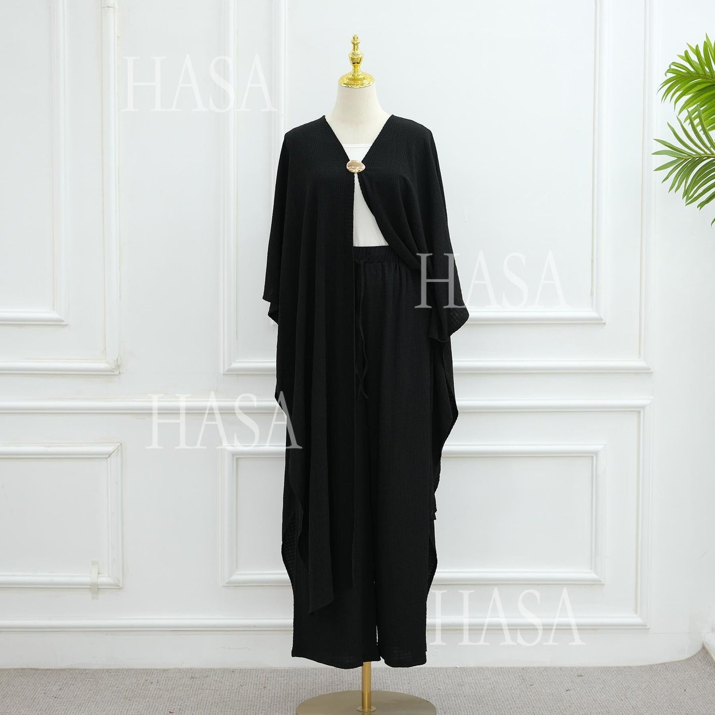 HA6486 Simple Cardigan with Wide-leg Pants, Solid Color Daily Two-piece Suit
