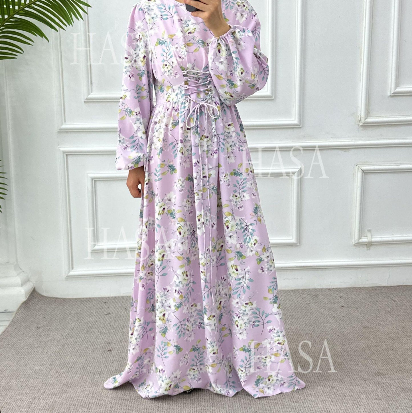 HA6489 Long-sleeved Floral Maxi Dress with Natural Waist