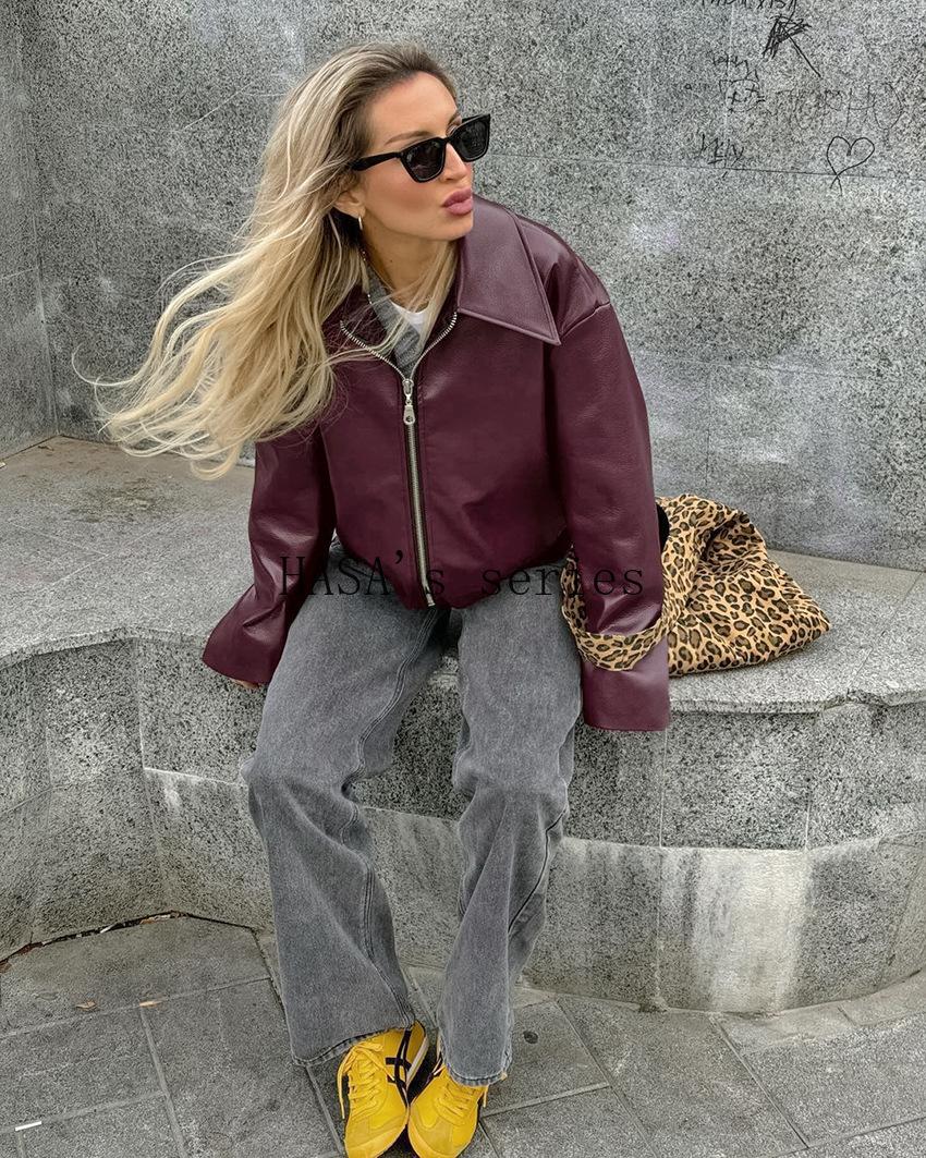 HS5775 This Classic, Minimalist Leather Short Jacket Is Stylish and Versatile, Perfect for Spring.