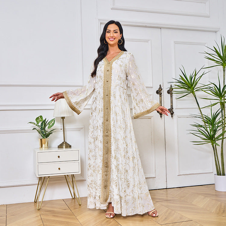 HA1249 Elegant Floral Abaya with Golden Detailing