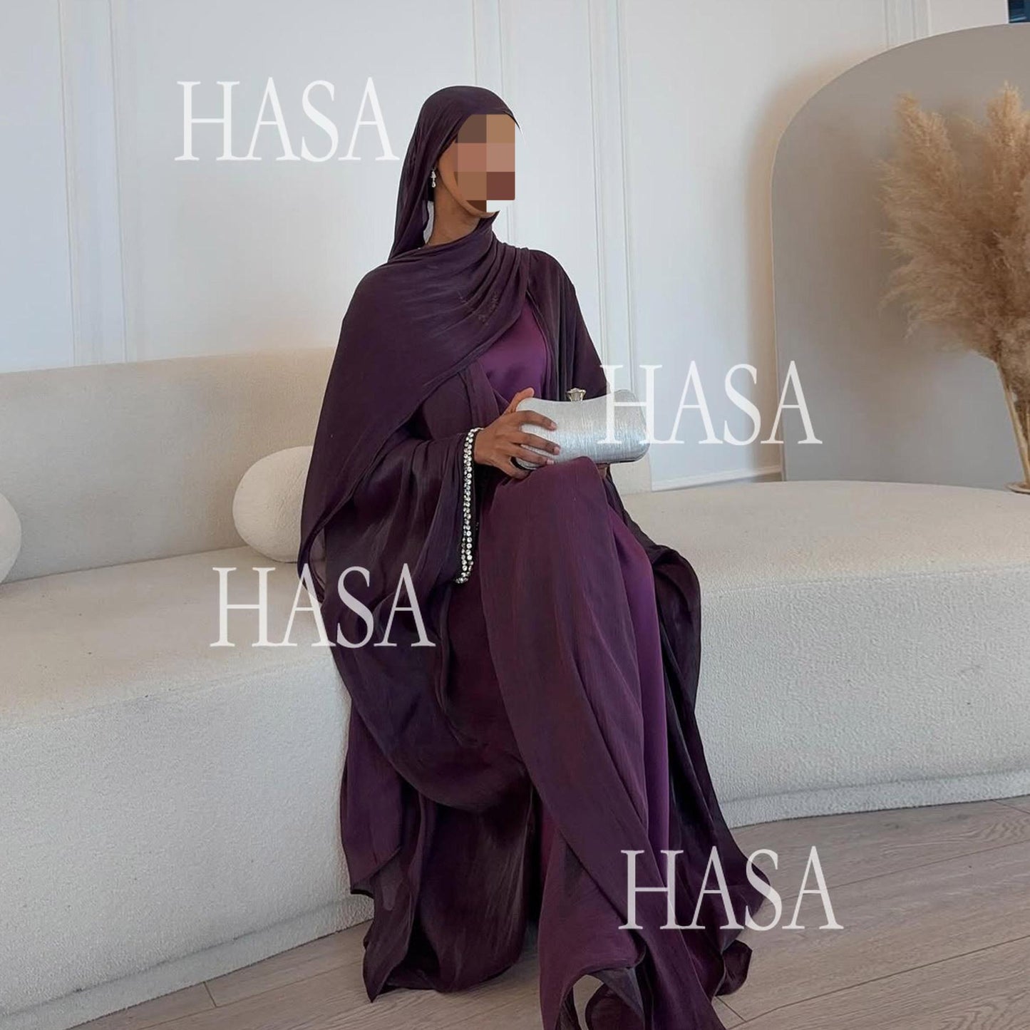 HA6553  Two-Piece Solid Abaya with Beaded Details and Matching Scarf Option