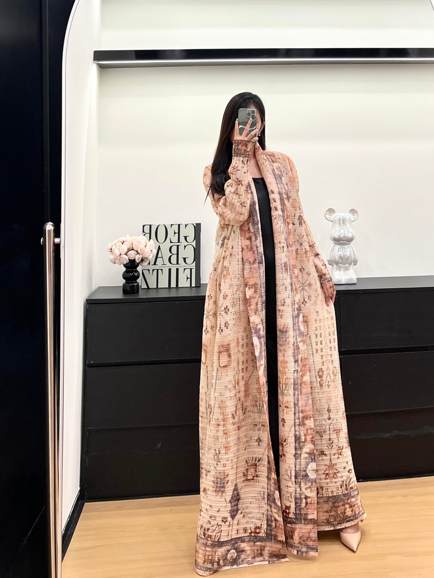 HS6728 Vintage Blush  Pink & Beige Printed Abaya with Artistic Motifs