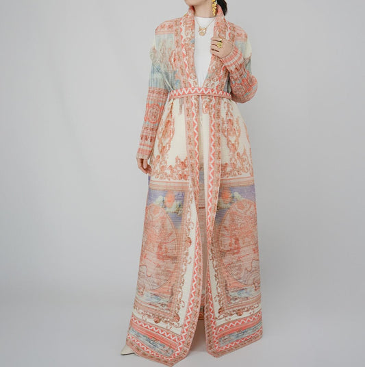 HS5839 Light-colored, Vintage-patterned, Long Open-front Coat (with Belt)