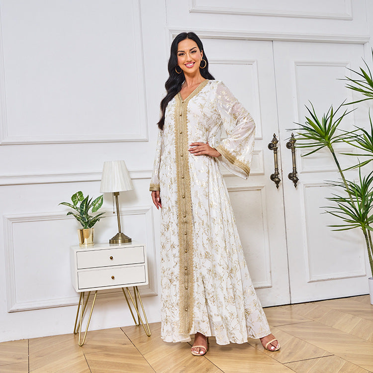 HA1249 Elegant Floral Abaya with Golden Detailing