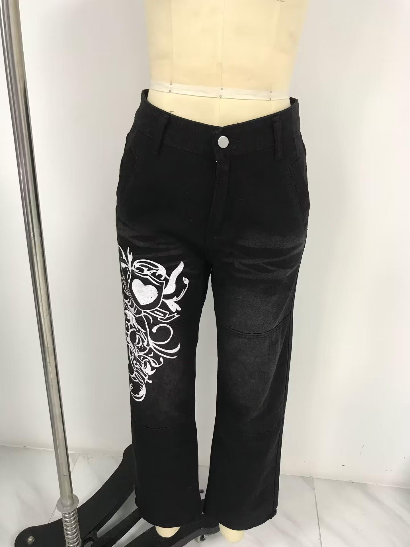 HA6382 Street Style Women's Clothing Irregular Printing Loose Trousers Low Waist Folds Washed for Old Multi-colored Jeans
