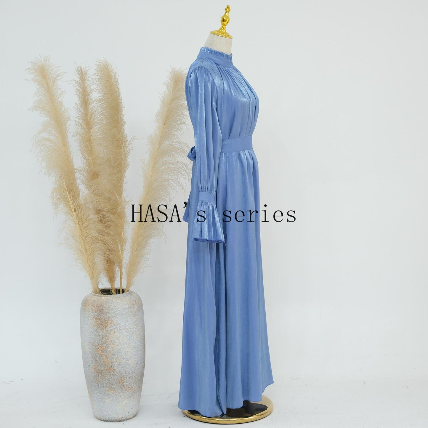 HS4857 A High-necked, Belted Dress, A Classic Style That Exudes Elegant Charm.