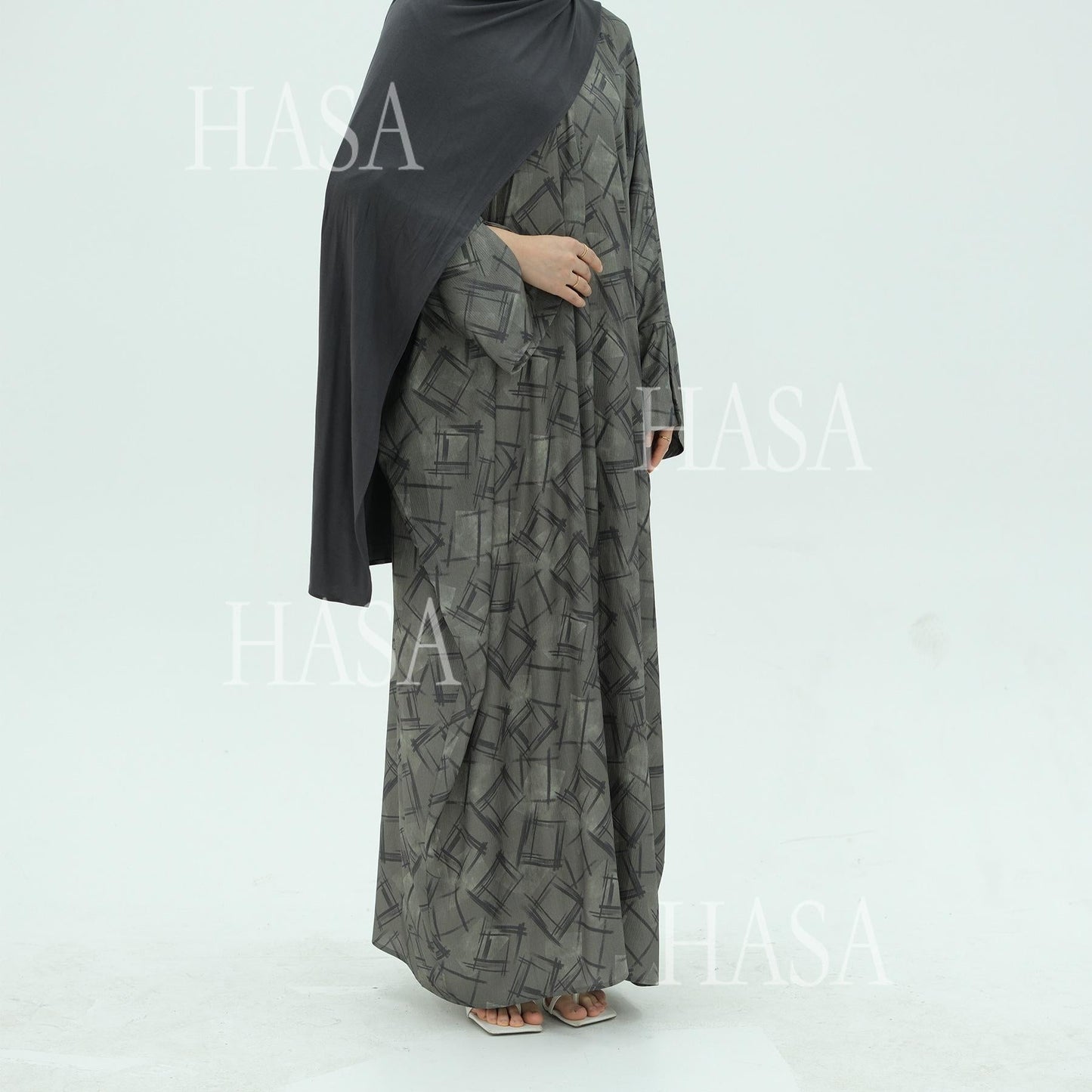 HA6504 Grey geometric print long cardigan Abaya (headscarf not included)