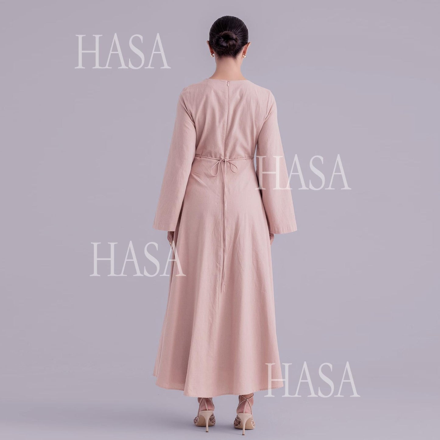 HA6494 Simple Solid Color Linen Bamboo Dress | Lace-Up Design