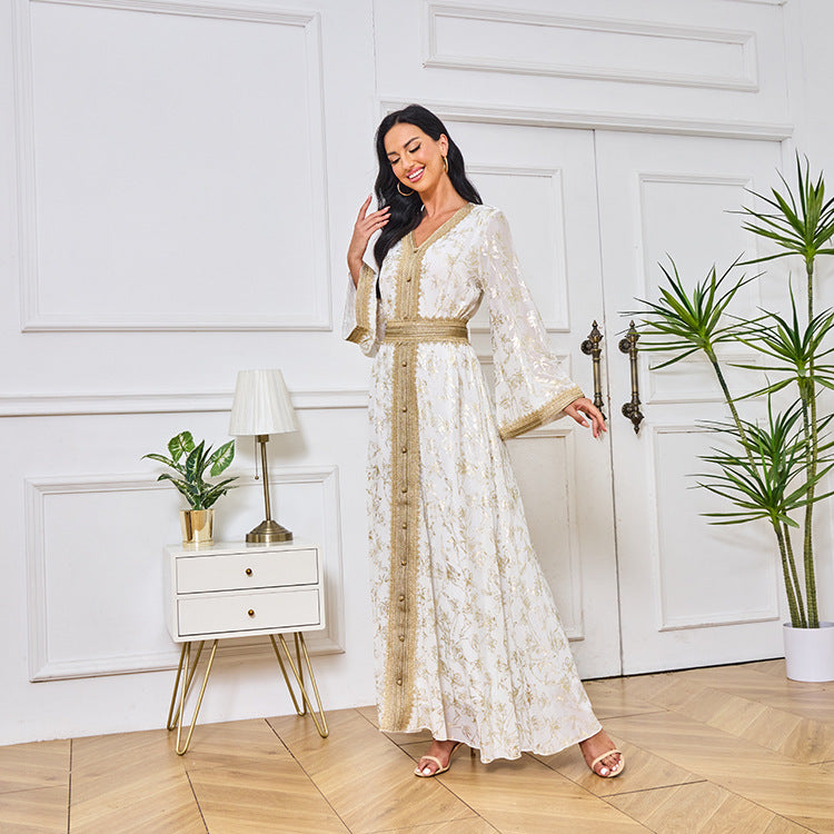 HA1249 Elegant Floral Abaya with Golden Detailing