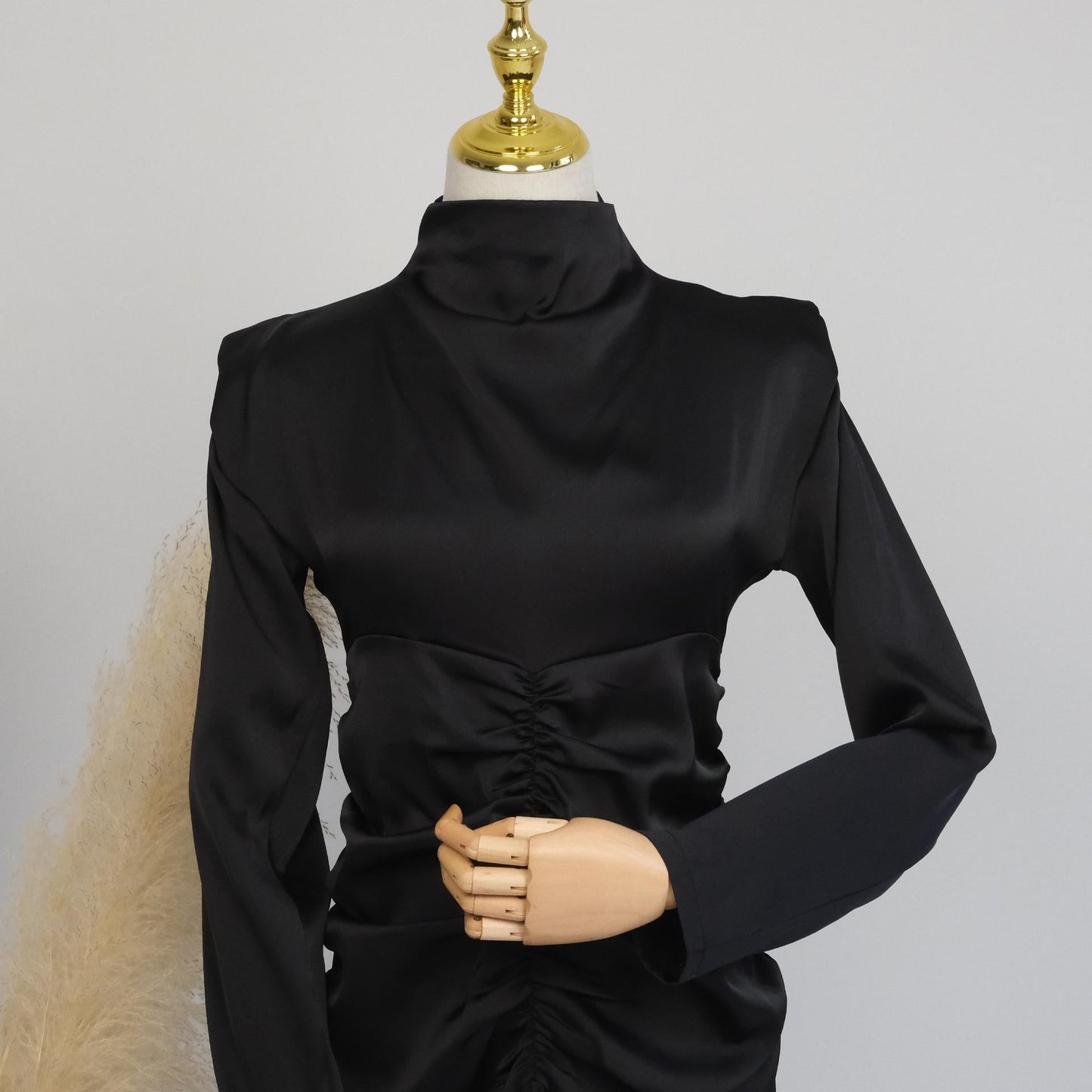 HAYA HAYA1020 Solid Color High Neck Slimming Robe Dress
