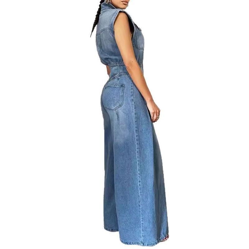HASASERIES HS6399 Women's New Casual Sleeveless Denim Jumpsuit with Wide Legs