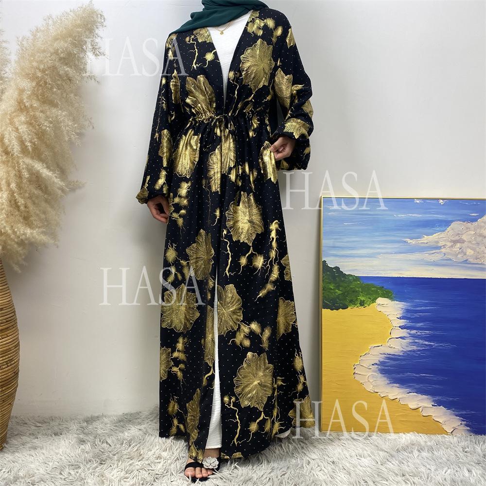 HA6589 Gold-stamped long cardigan with a flowing design