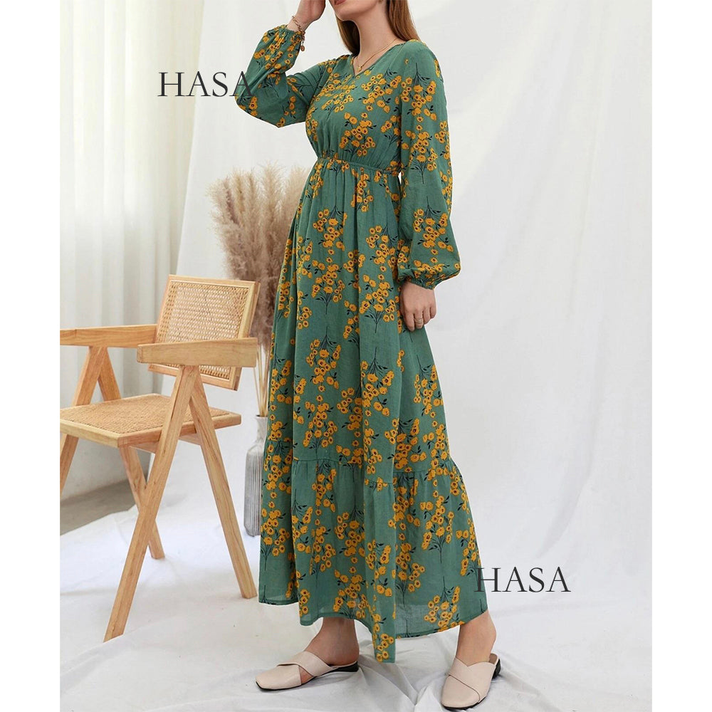 HAYA0819 Rayon long dress V-neck flower dress