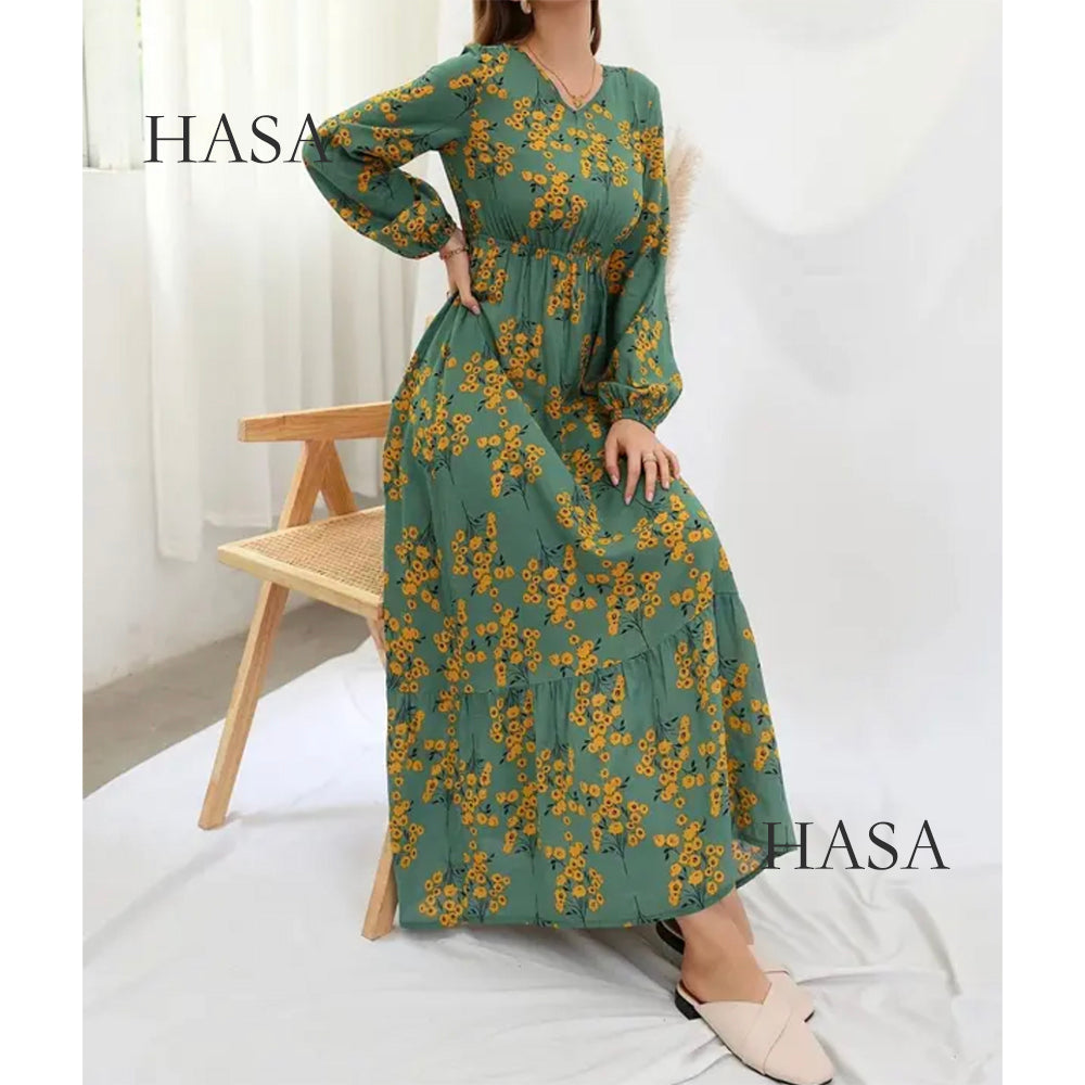 HAYA0819 Rayon long dress V-neck flower dress