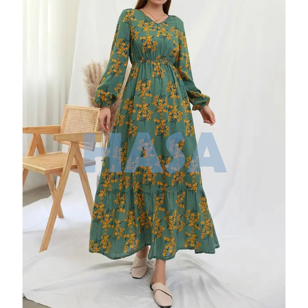 HAYA0819 Rayon long dress V-neck flower dress