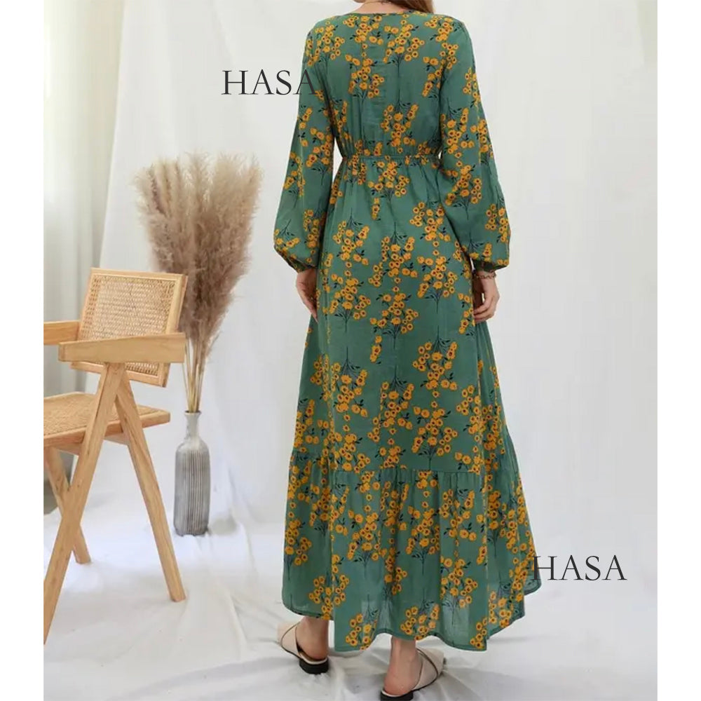 HAYA0819 Rayon long dress V-neck flower dress