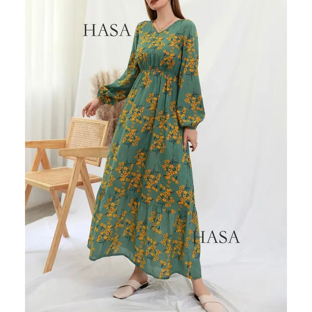 HAYA0819 Rayon long dress V-neck flower dress