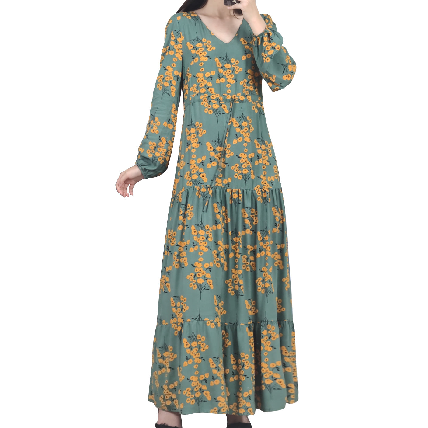 HAYA0819 Rayon long dress V-neck flower dress