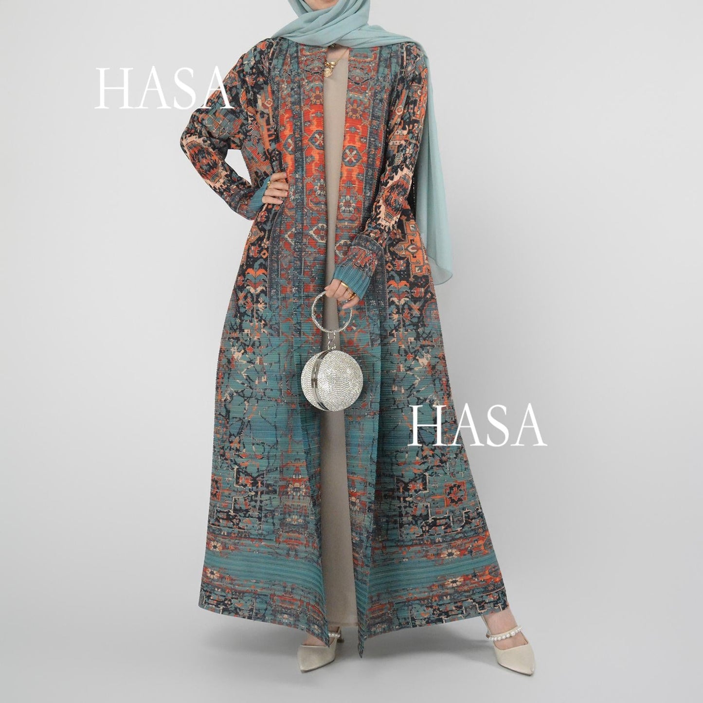 HS5850 Retro Oil Painting Print Belted Open-front Long Coat