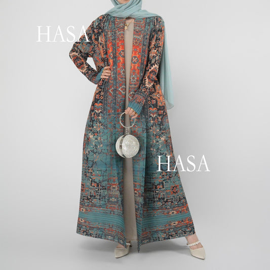 HS5850 Retro Oil Painting Print Belted Open-front Long Coat