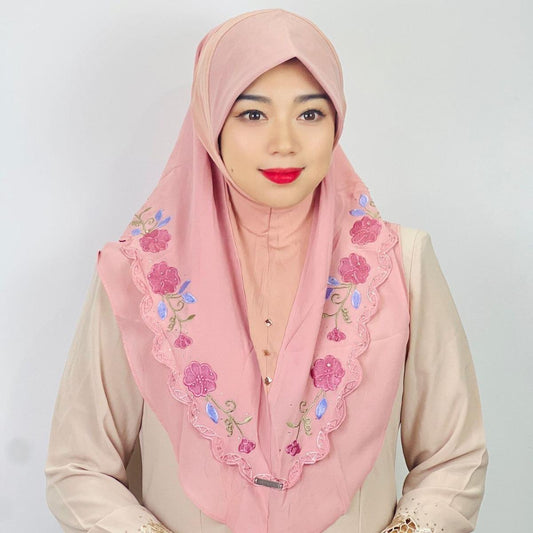 HAYA HA1105 Double Layered Floral Embroidered Lace Headscarf for Women