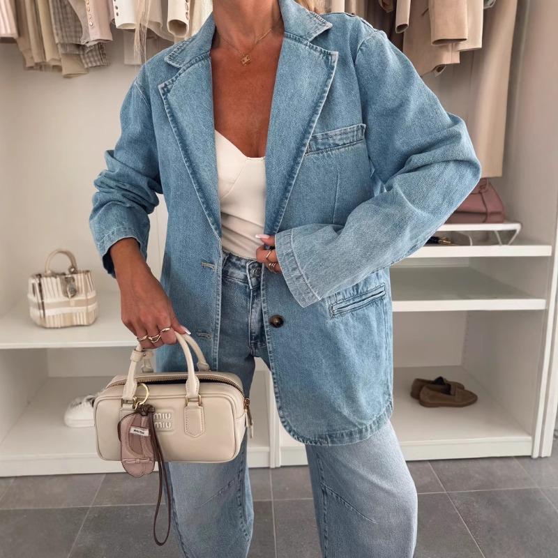 HA6181 Fashionable Casual Loose Washed Blue Denim Women's Blazer