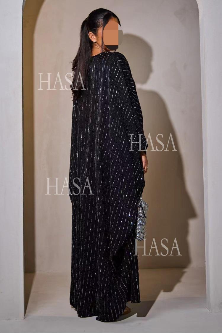 HA6483 Drape Rhinestone Gown with Simple Wide Sleeves