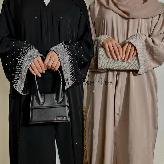 HS4837 Simple and Elegant Two-piece Set: A Cardigan and A Long Dress with Rhinestone Details on The Cuffs.