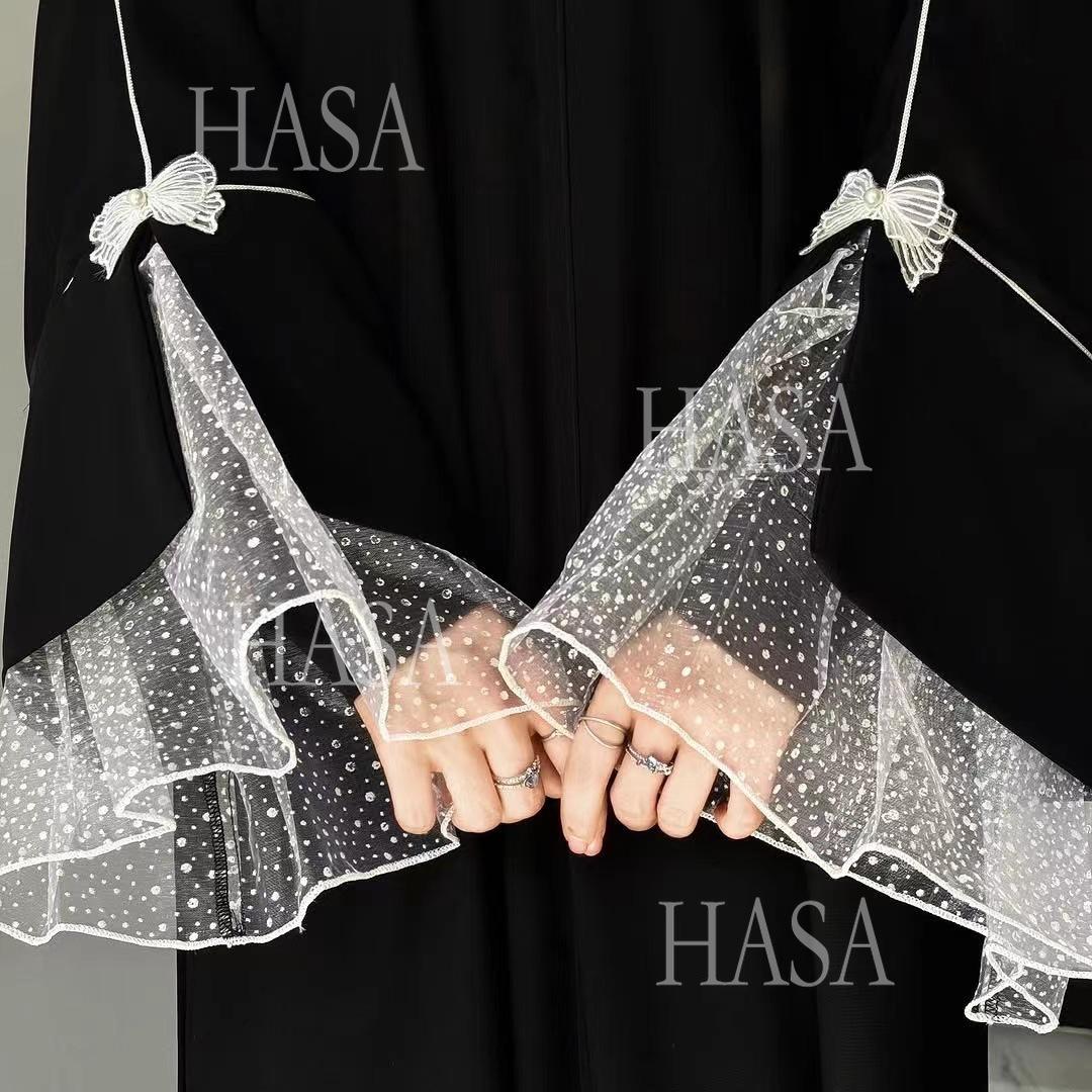 HASA's series HA6563 Elegant Lace Paneled Bow Cuff Robe Dress