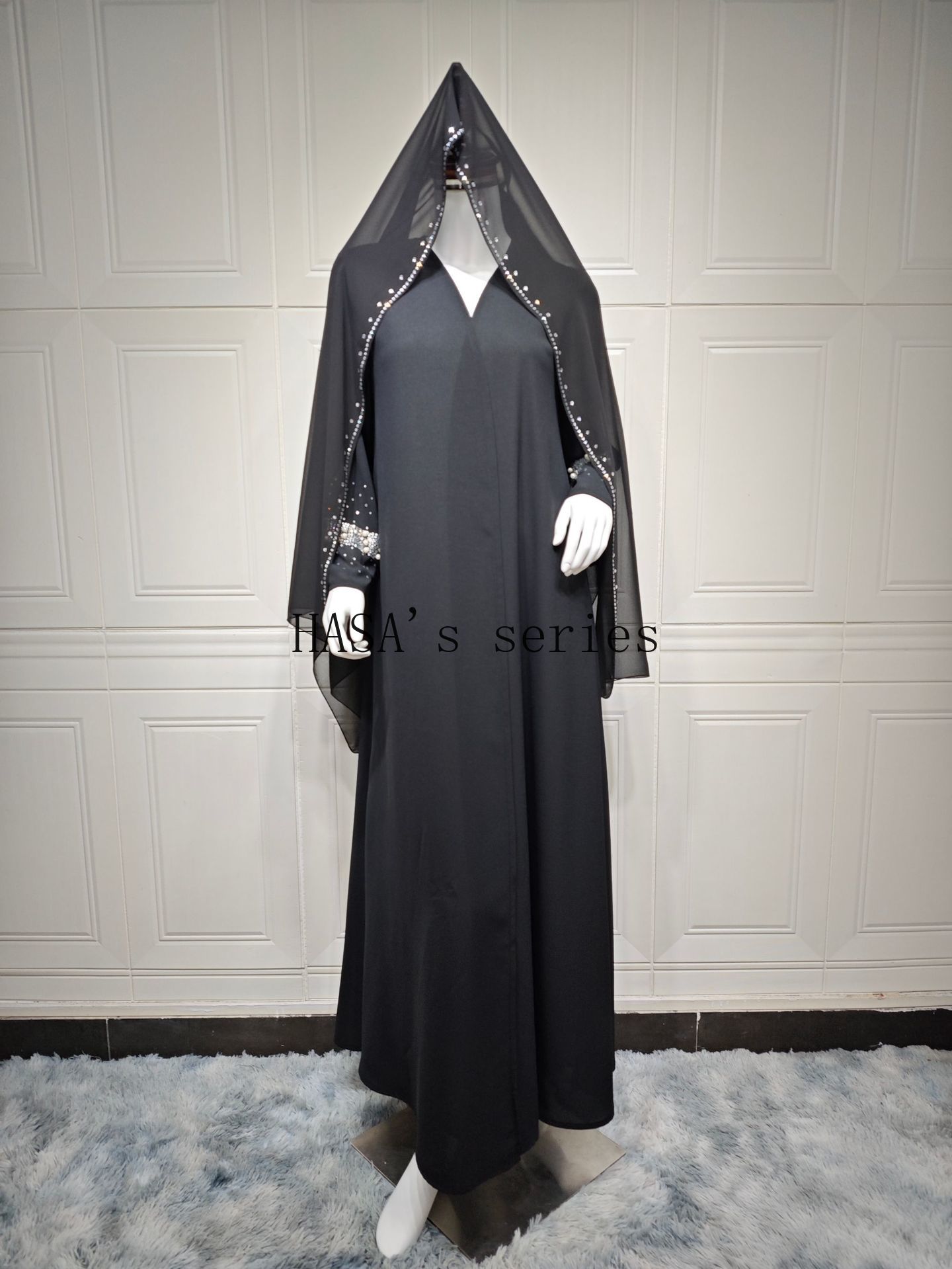 HS5097 Elegant Black Rhinestone-embellished Gown, Two-piece Beaded Set with Headscarf.