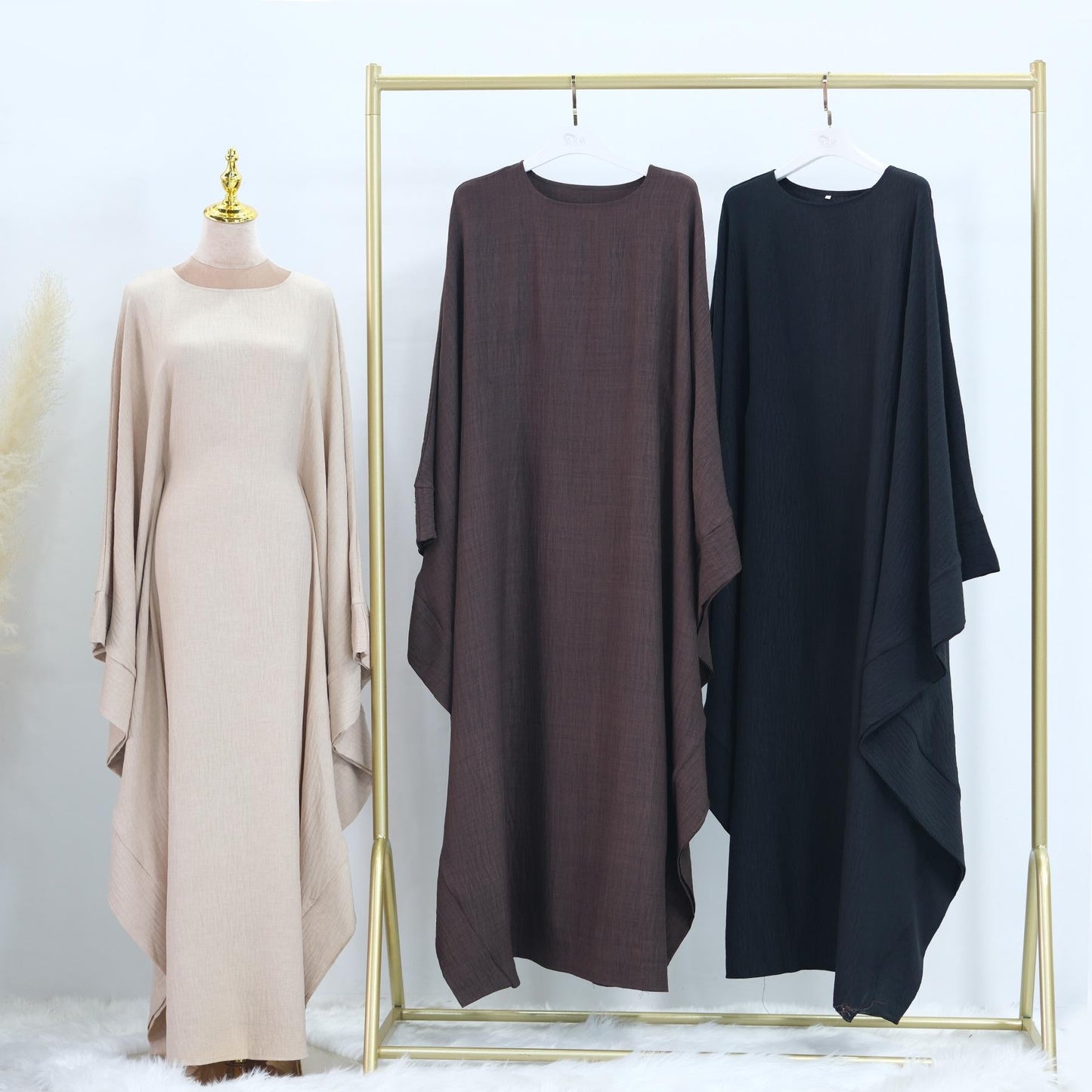 HAYA HA1177 Waist Raging Bat Sleeves Dress Crepe Kaftan with Built-in Belt