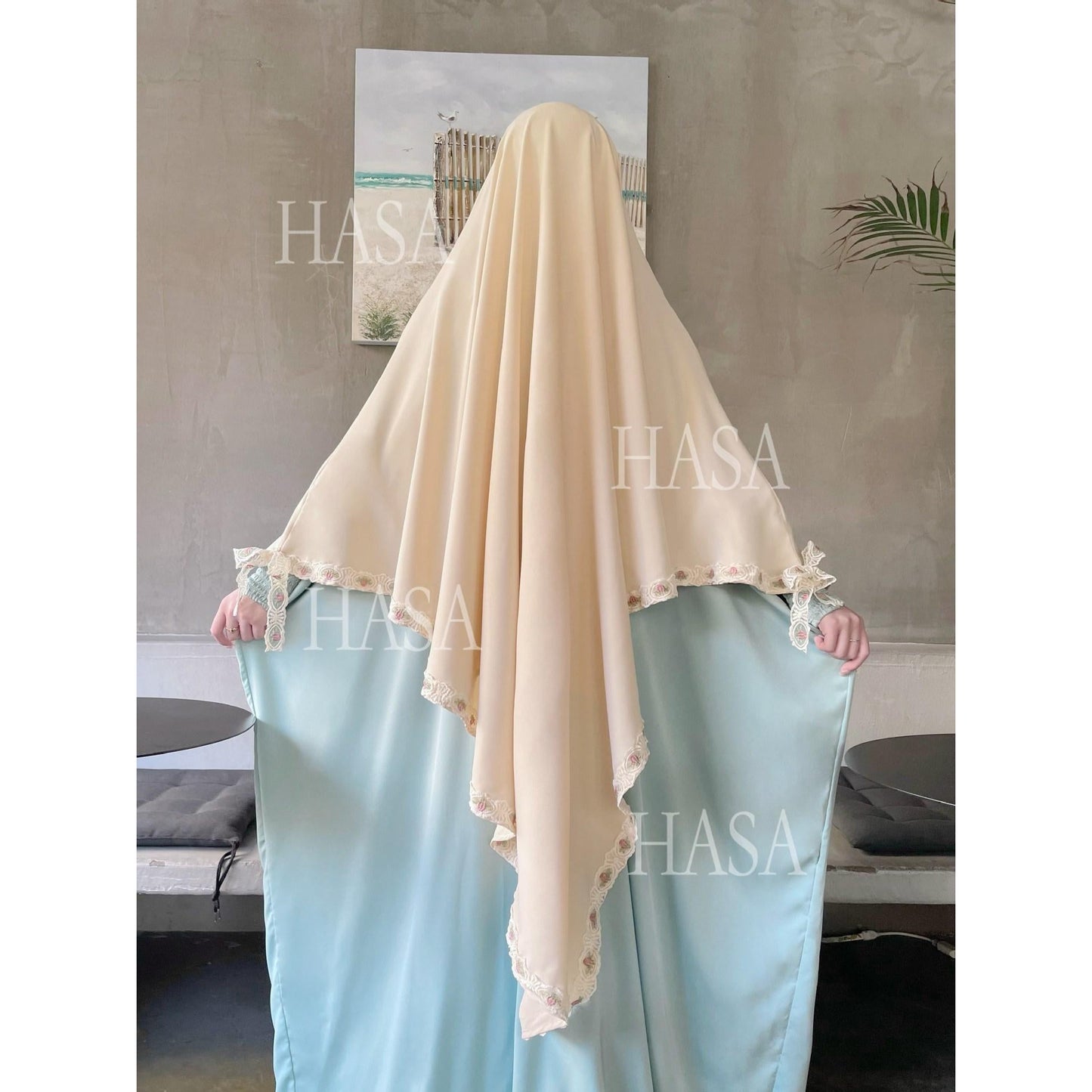 HA6569 Bow-decorated Solid Color Single-layer Headscarf with Three-layer Embroidery