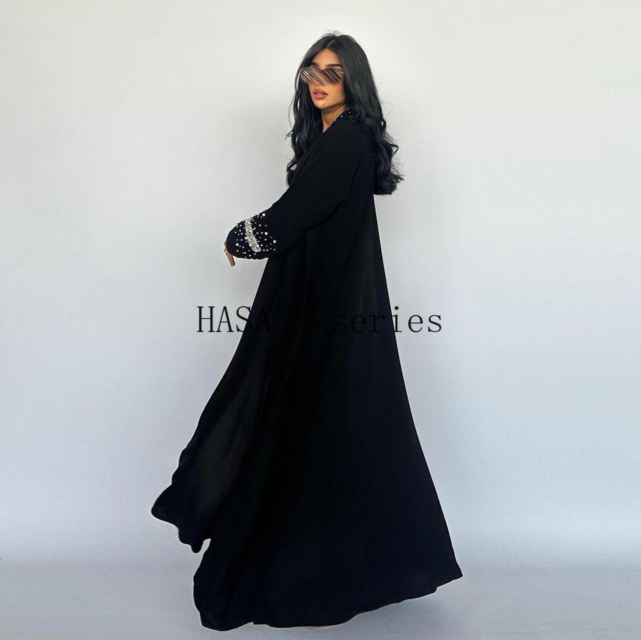 HS5097 Elegant Black Rhinestone-embellished Gown, Two-piece Beaded Set with Headscarf.