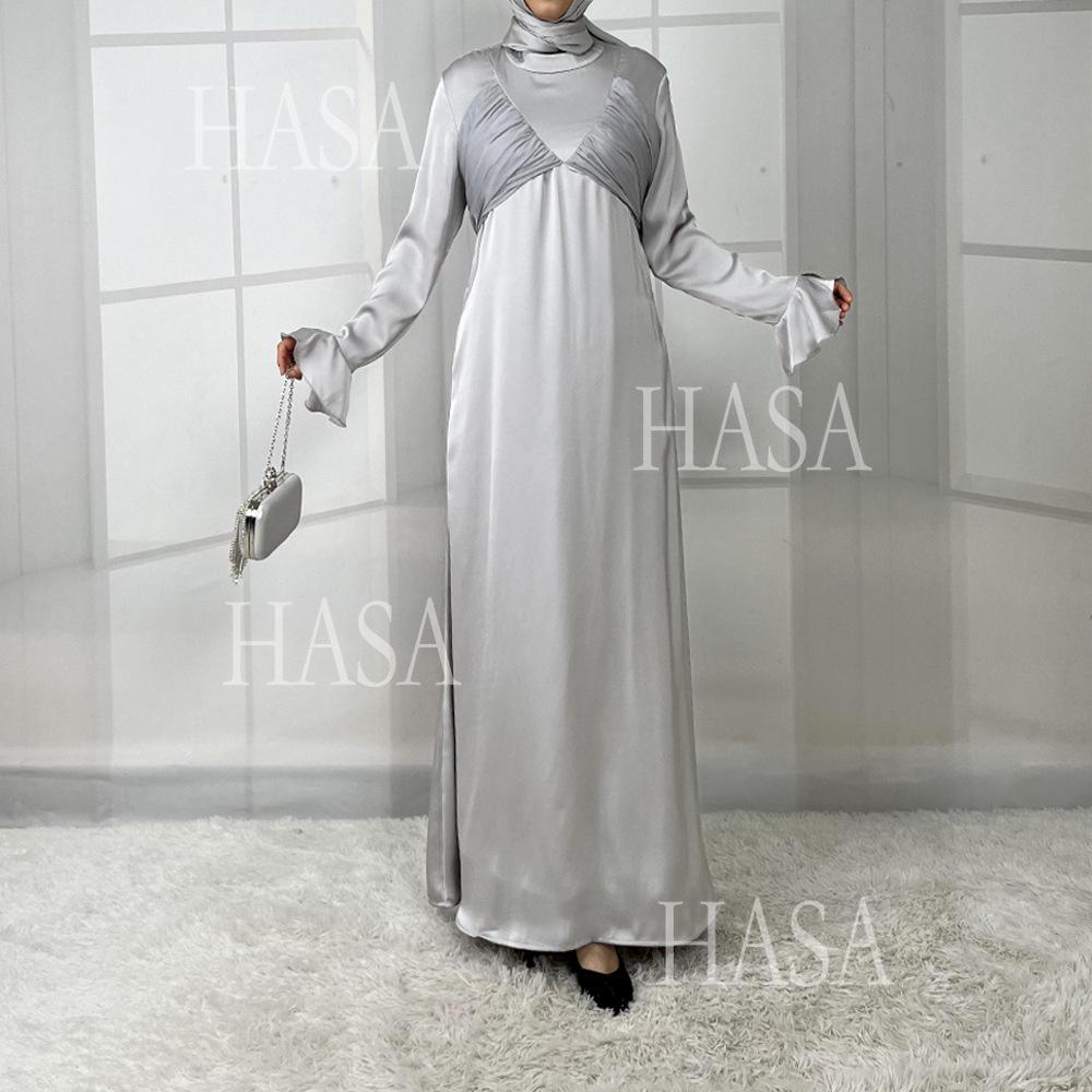 HS5858 Elegant Bright Satin Robe (without Headscarf), Clever Splicing Creates Multi-faceted Charm
