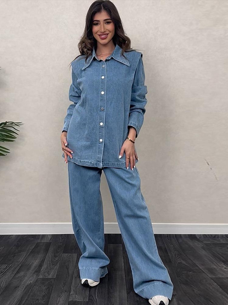 HA5890 Completo in Denim Lavato Primaverile Per Donne Con Cintura, Giacca Monopetto A Maniche Lunghe E Pantaloni A Vita Alta