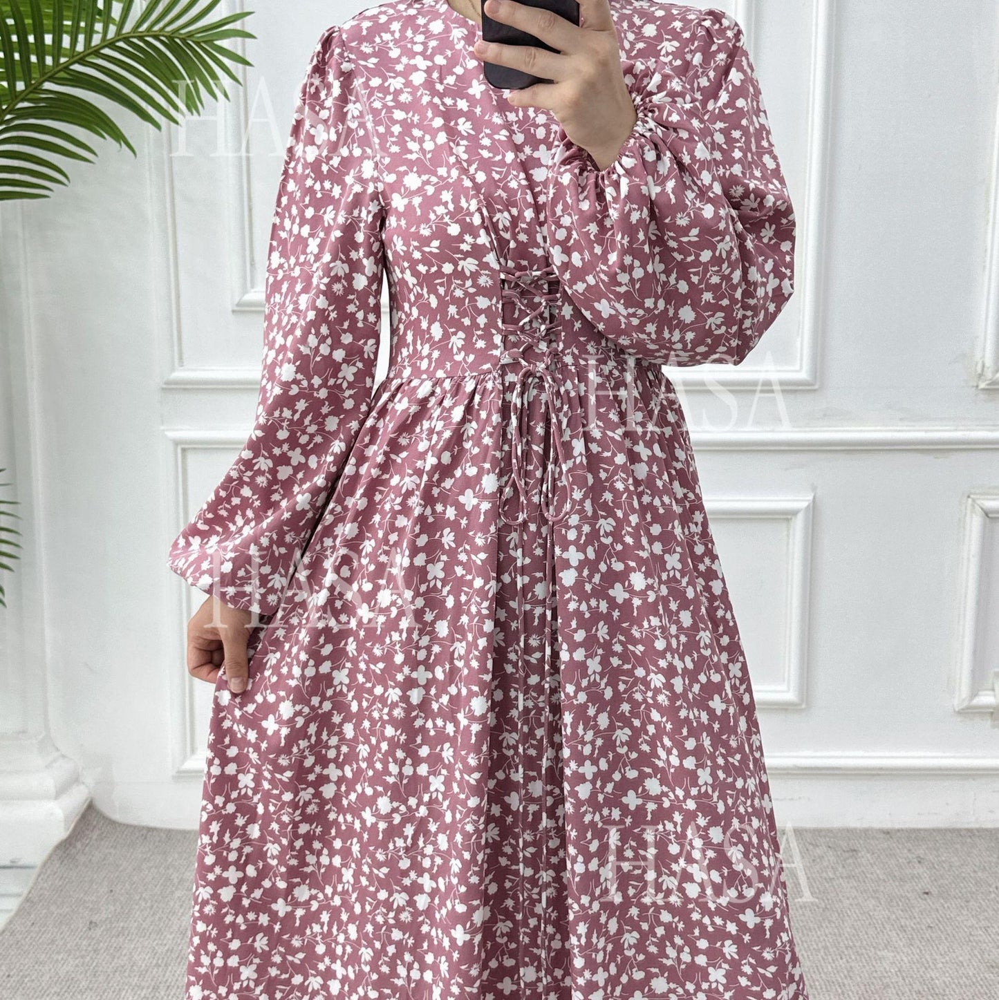 HA6489 Long-sleeved Floral Maxi Dress with Natural Waist