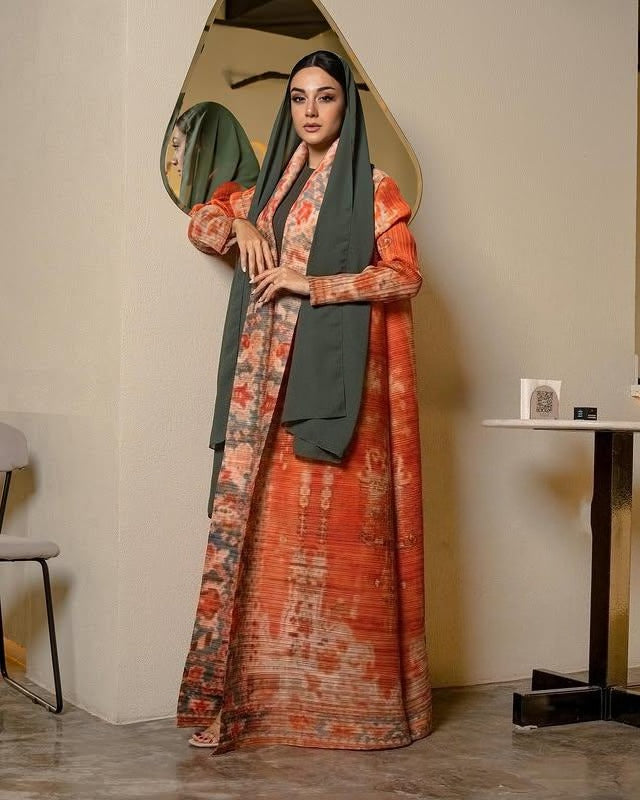 HASASERIES HS6714 Desert Bloom Vibrant Orange Abaya with Floral Prints