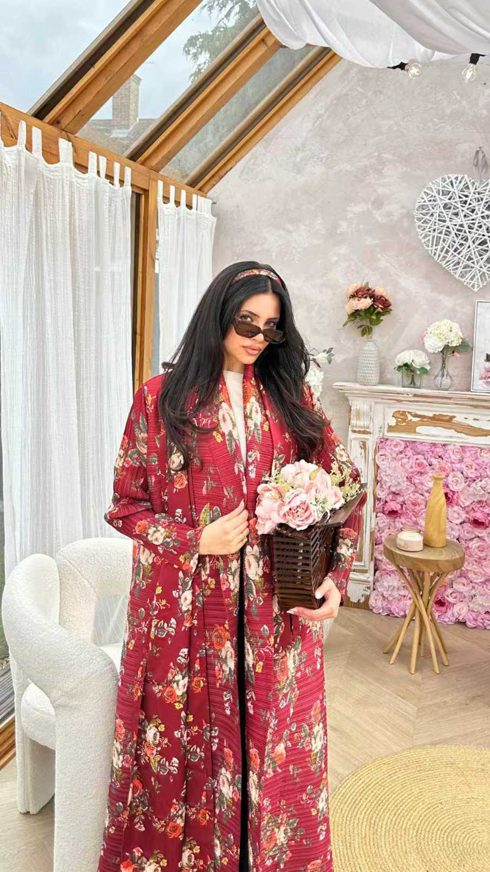 HS6701 Spring Blooms Burgundy Printed Pleated Abaya Cardigan