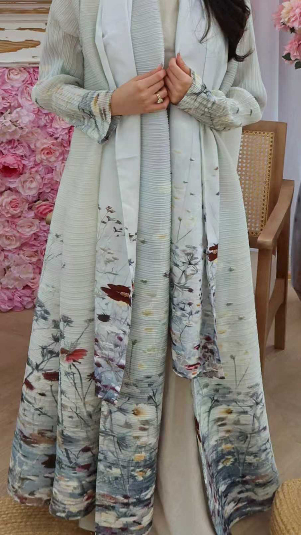 HS6701 Spring Blooms Burgundy Printed Pleated Abaya Cardigan